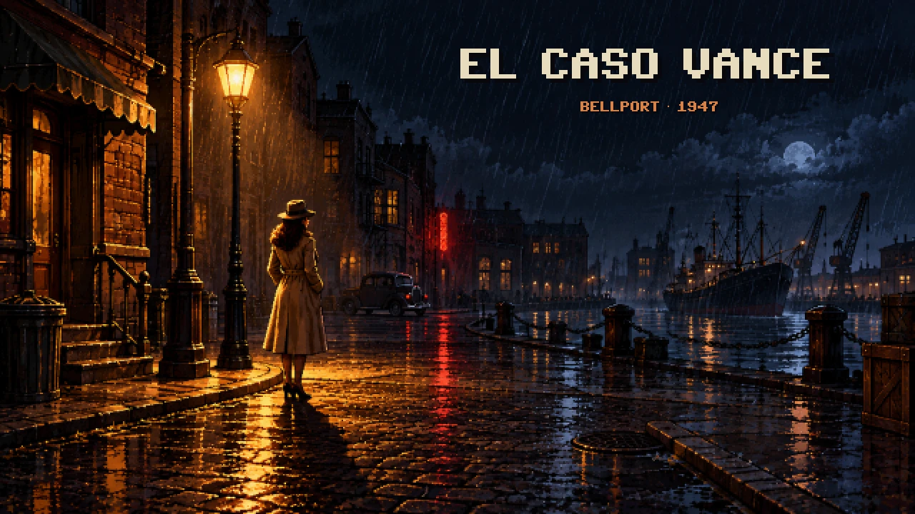 Pixel-art title screen of El caso Vance: a woman in a trench coat and hat stands under a street lamp on a rainy harbour quay in Bellport, 1947, with ships and cranes in the distance.