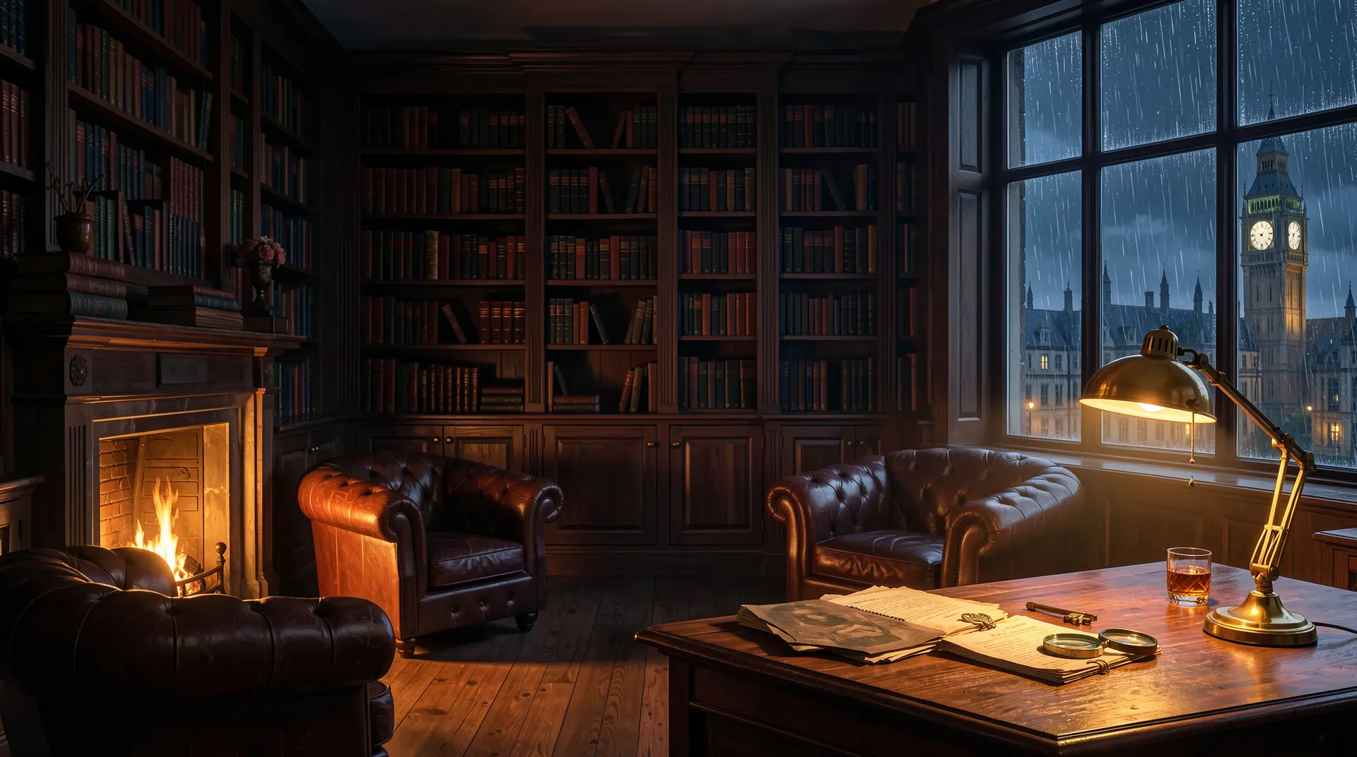 A private club library at night: fireplace, leather armchairs and a lamplit desk with a magnifying glass, an old key and case files; rain on the window.