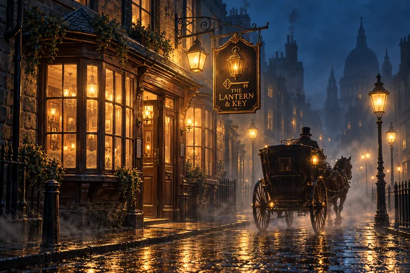 The Lantern & Key in Victorian London: brick facade, fog, gas lamps and a horse-drawn cab.