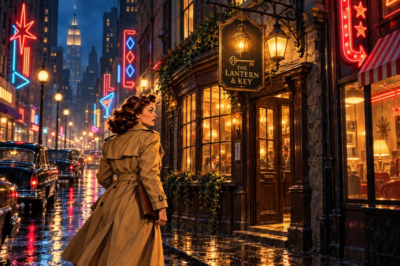 The Lantern & Key on a 1950s American street with neon signs and vintage cars; Vera Lyle, in a trench coat, is about to walk in.