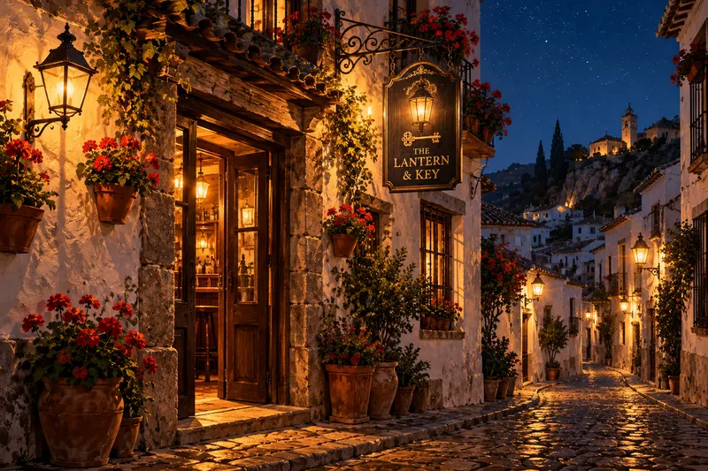 The Lantern & Key as an old tavern on a whitewashed Andalusian street with geraniums and iron lanterns, under the same sign.