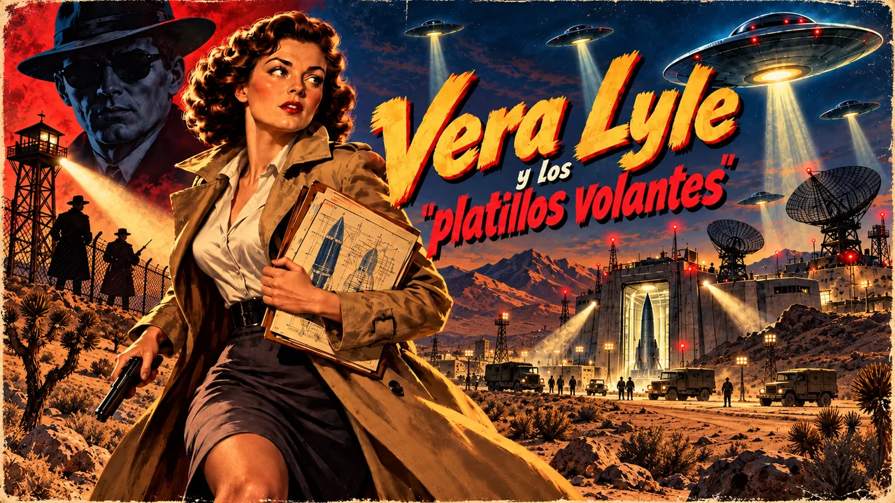 Pulp-style cover: Vera Lyle in a trench coat holding secret blueprints, flying saucers over a military base in the desert.